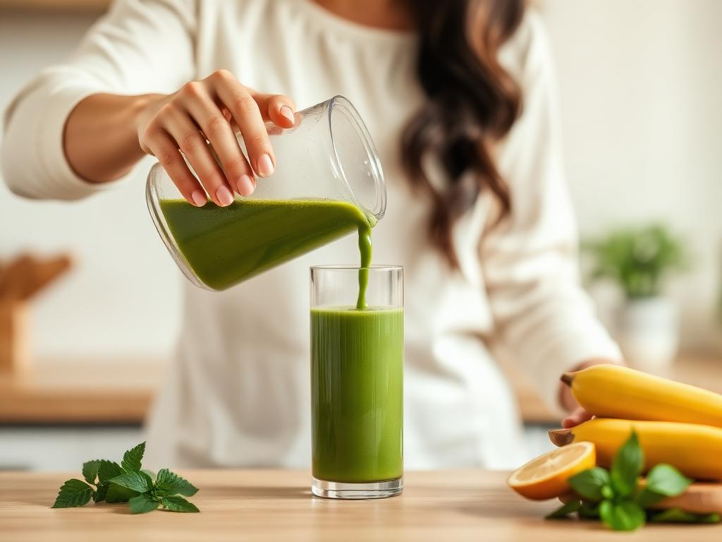 Woman pouring a fresh green smoothie in a sunlit kitchen