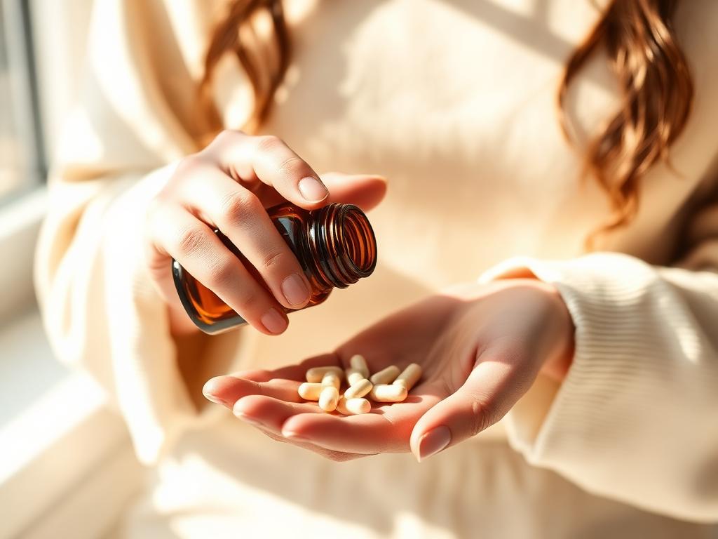Hands pouring supplement capsules from an amber bottle