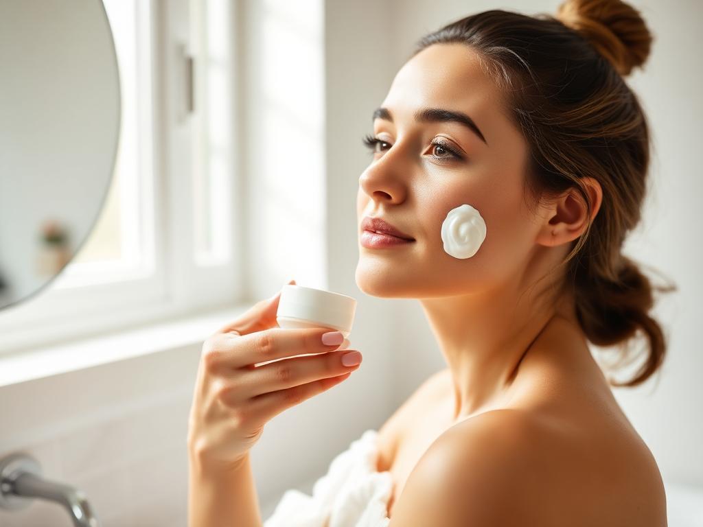 Woman applying skincare cream to her cheek