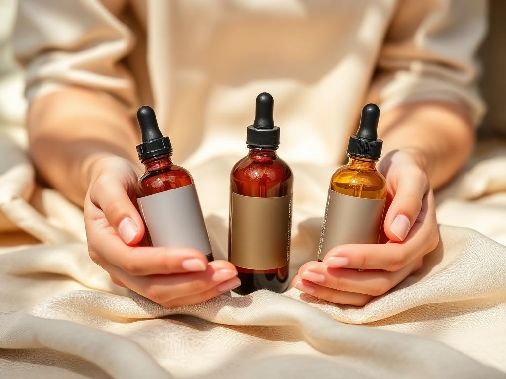 Hands holding curated amber wellness bottles on linen