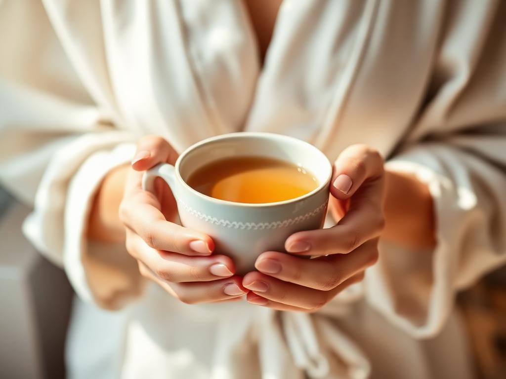 Woman holding a warm mug of herbal tea in a linen robe