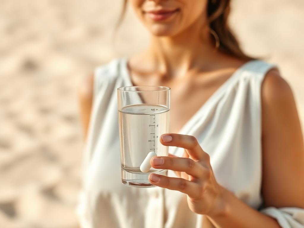 Woman holding a glass of water with a vitamin